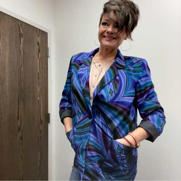 Vintage 80s 90s Polyester Boxy Dressy Festival Abstract Disco Blazer Jacket - Picture 4 of 15